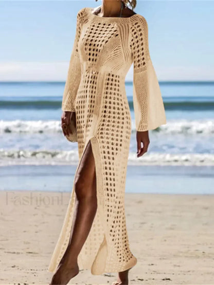 Hollow Out Crochet Tunic Cover Up Khaki / One Size