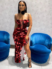 Hollow Out Lace Up Floral Dress Red / S