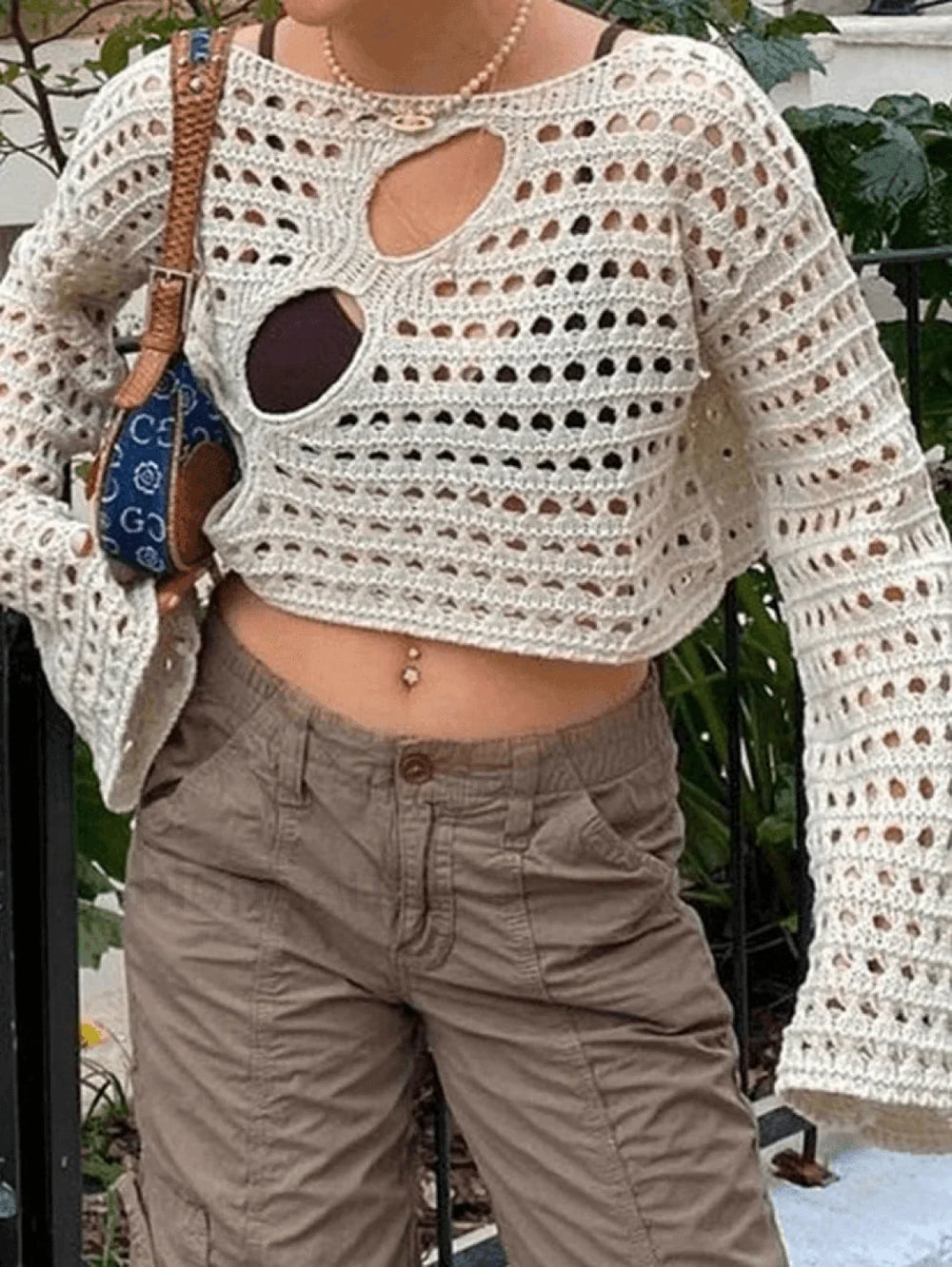 Hollow Out Long Sleeve Knit Crop Top Beige / S Tops&Tees