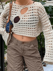 Hollow Out Long Sleeve Knit Crop Top Beige / S Tops&Tees