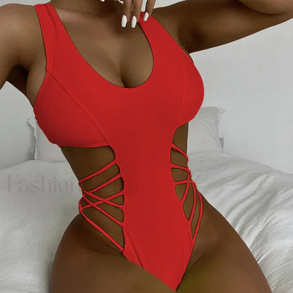 Hollow Out Push Up String One Piece Red Swimsuit / S