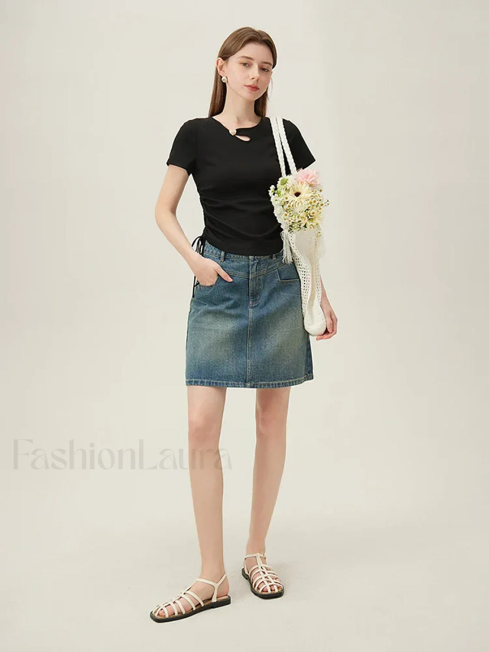 Hollow Out Slim Drawstring Black T Shirt