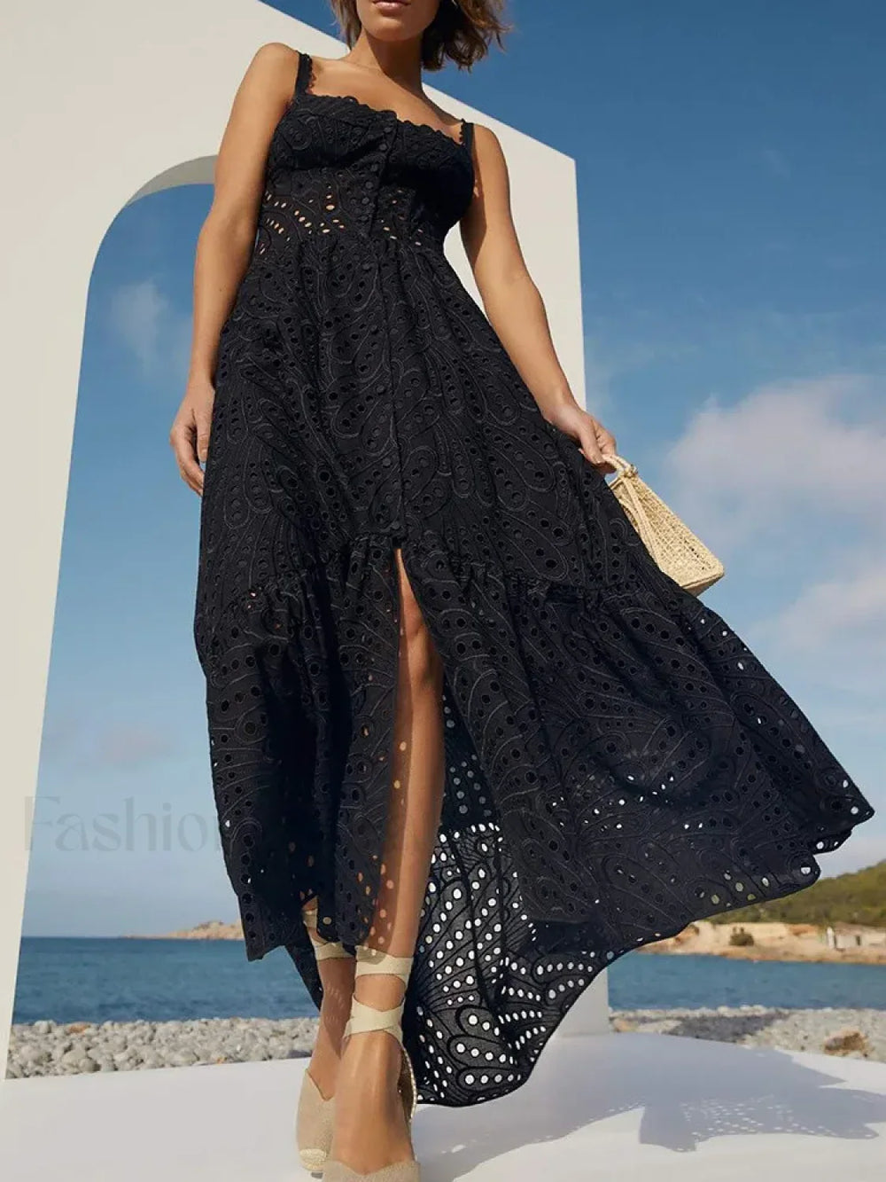 Hollow Out Square Collar Floral Dress Black / S