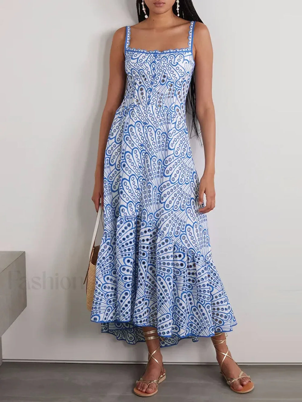 Hollow Out Square Collar Floral Dress Blue / S