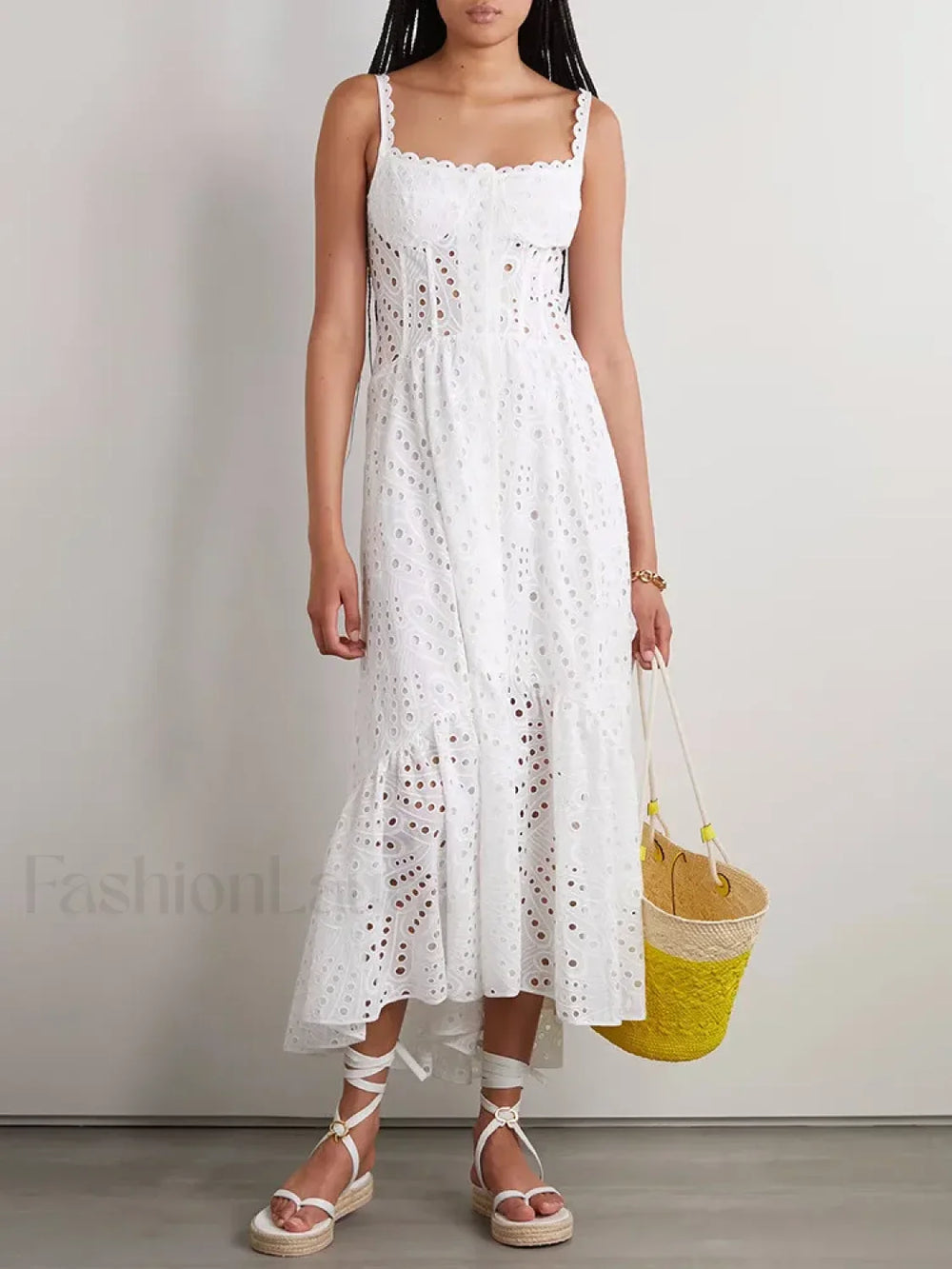 Hollow Out Square Collar Floral Dress White / S