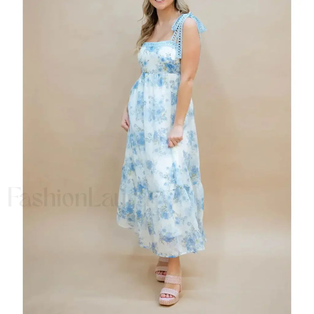 Hollow Out Square Neck Midi Dress blue / S