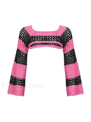 Hollow Out Striped Long Sleeve Bolero Knit Top Pink / ONE SIZE Sweaters