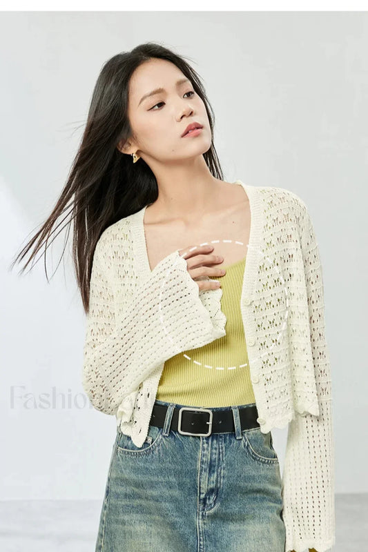 Hollow Out V neck Knit Cropped Cardigan