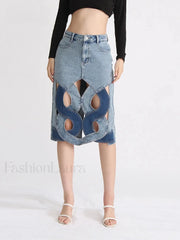Hollow Out Zipper Denim Skirt