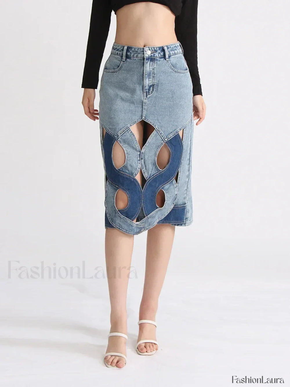 Hollow Out Zipper Denim Skirt
