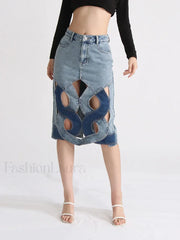 Hollow Out Zipper Denim Skirt Blue / S