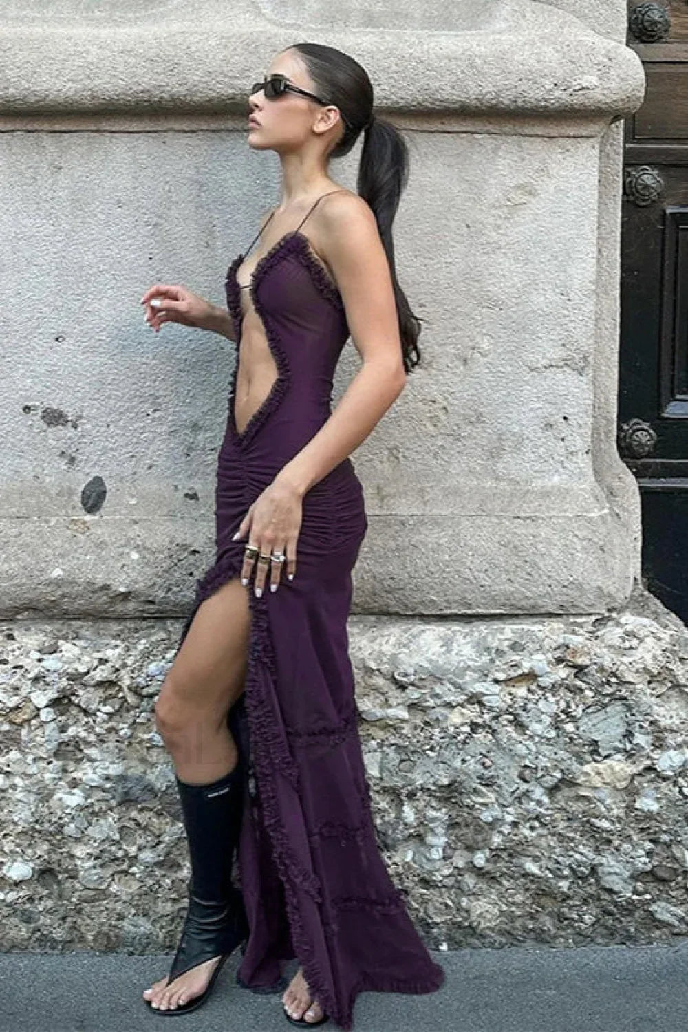 Hollow Pleated Lace Slit Suspender Maxi Dress