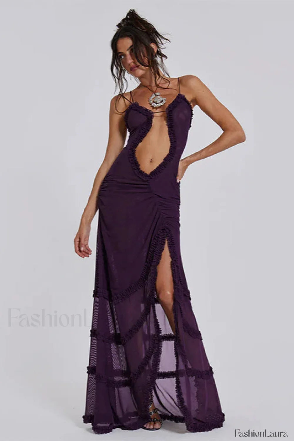 Hollow Pleated Lace Slit Suspender Maxi Dress