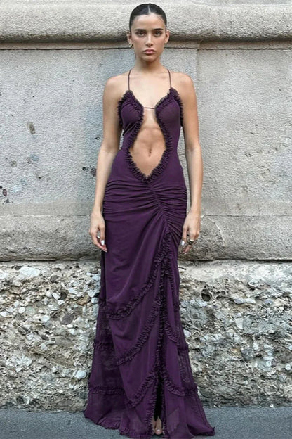 Hollow Pleated Lace Slit Suspender Maxi Dress