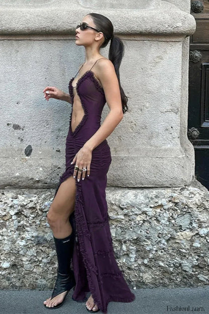 Hollow Pleated Lace Slit Suspender Maxi Dress