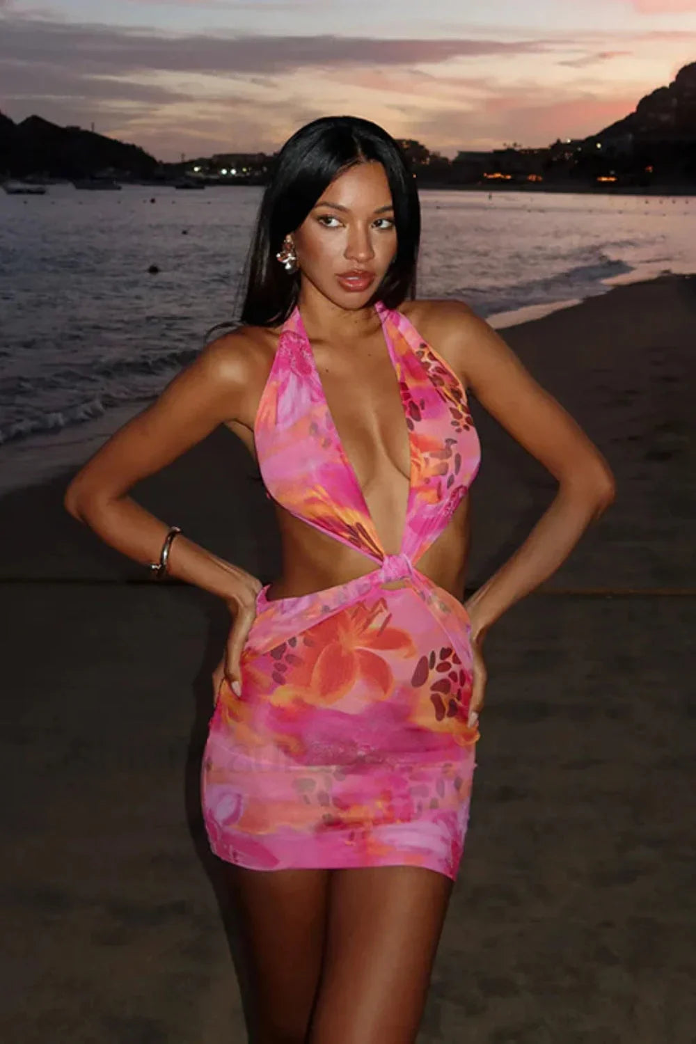 Hollow Print Halter Beach Vacation Floral Dress Pink / XS