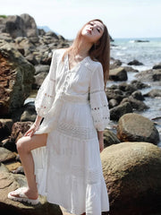 Hollow Splicing Lace Boho Dress white long sleeve / S
