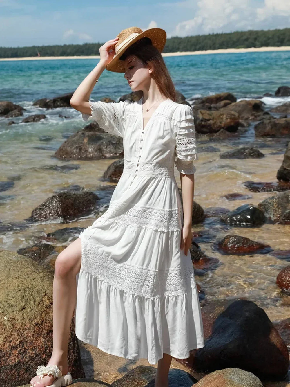 Hollow Splicing Lace Boho Dress white short sleeve / S