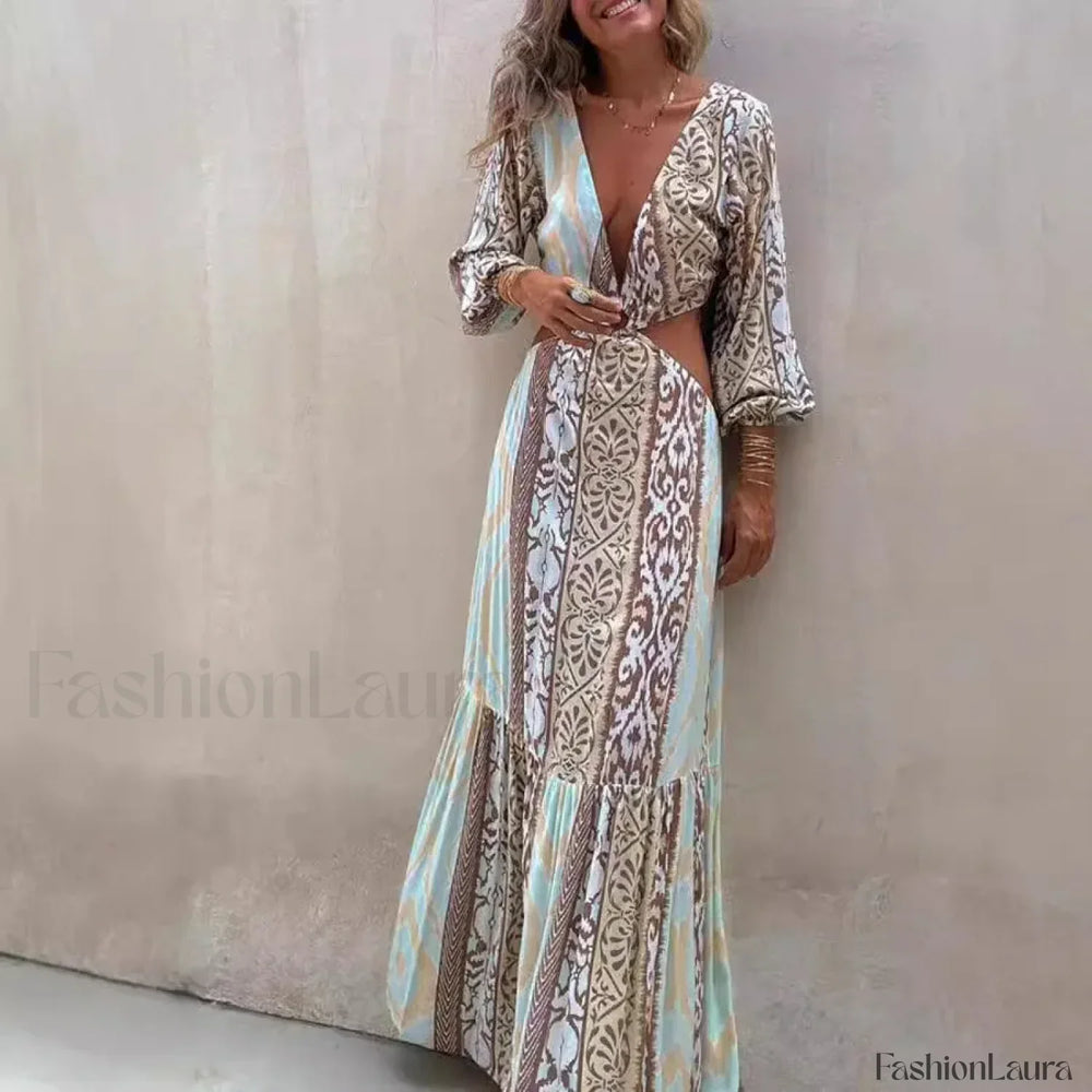 Hollow Splicing Long Sleeve Boho Dress