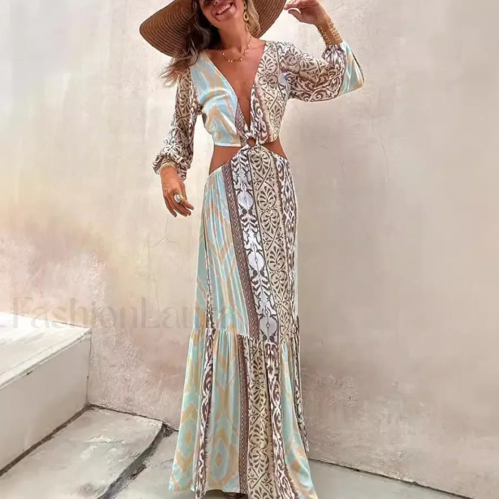 Hollow Splicing Long Sleeve Boho Dress