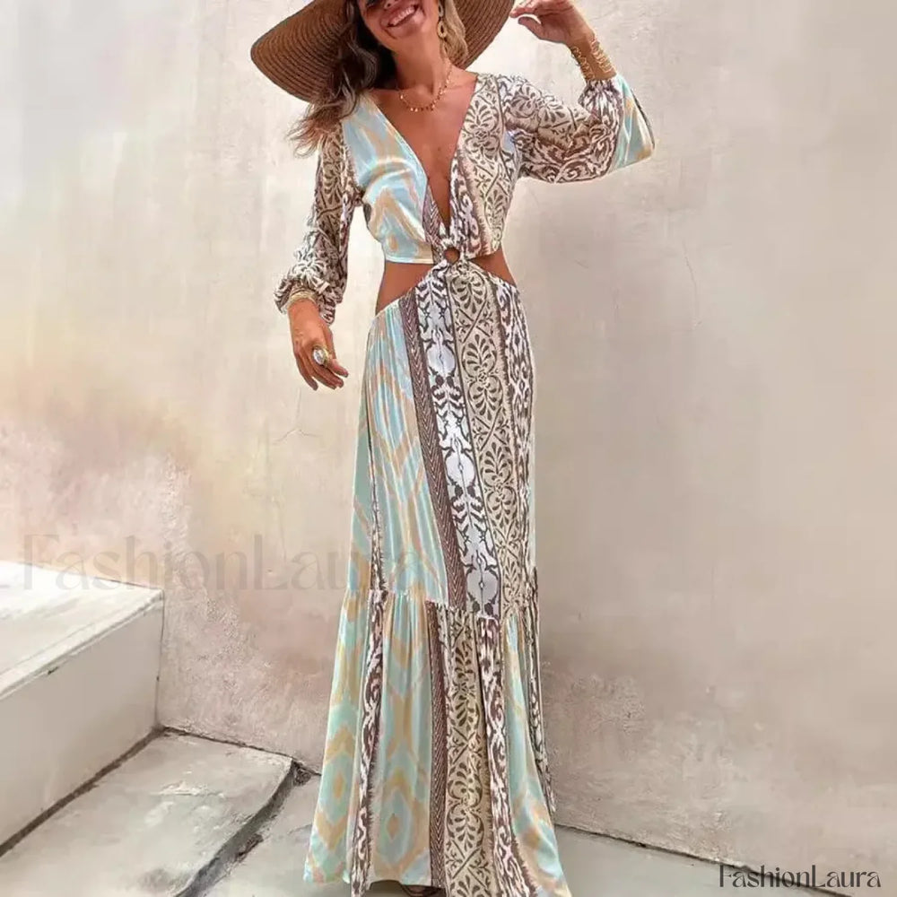 Hollow Splicing Long Sleeve Boho Dress