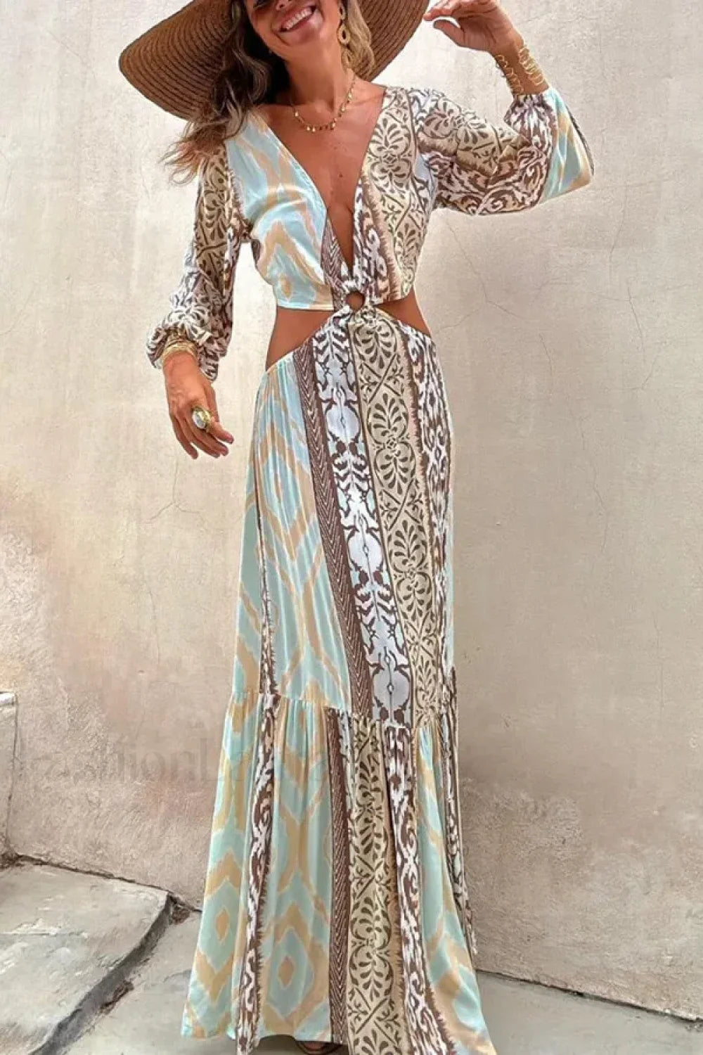 Hollow Splicing Long Sleeve Boho Dress WHITE / S
