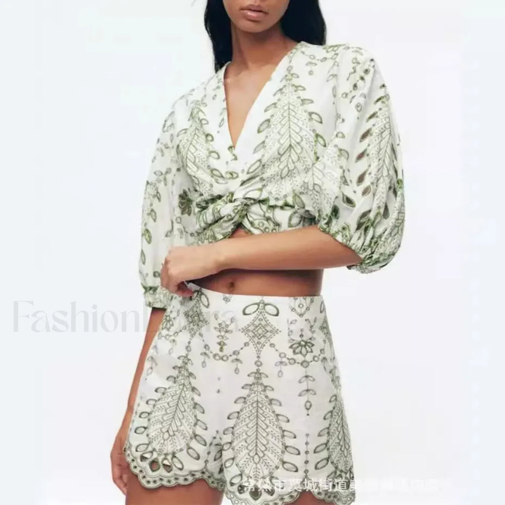 Hollow Wave Hem Boho Dress Green / S