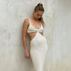 Hollow Wrapped High Waist Maxi Dress Beige / S