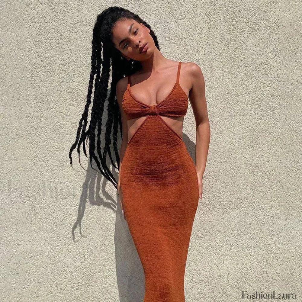 Hollow Wrapped High Waist Maxi Dress Brown / S