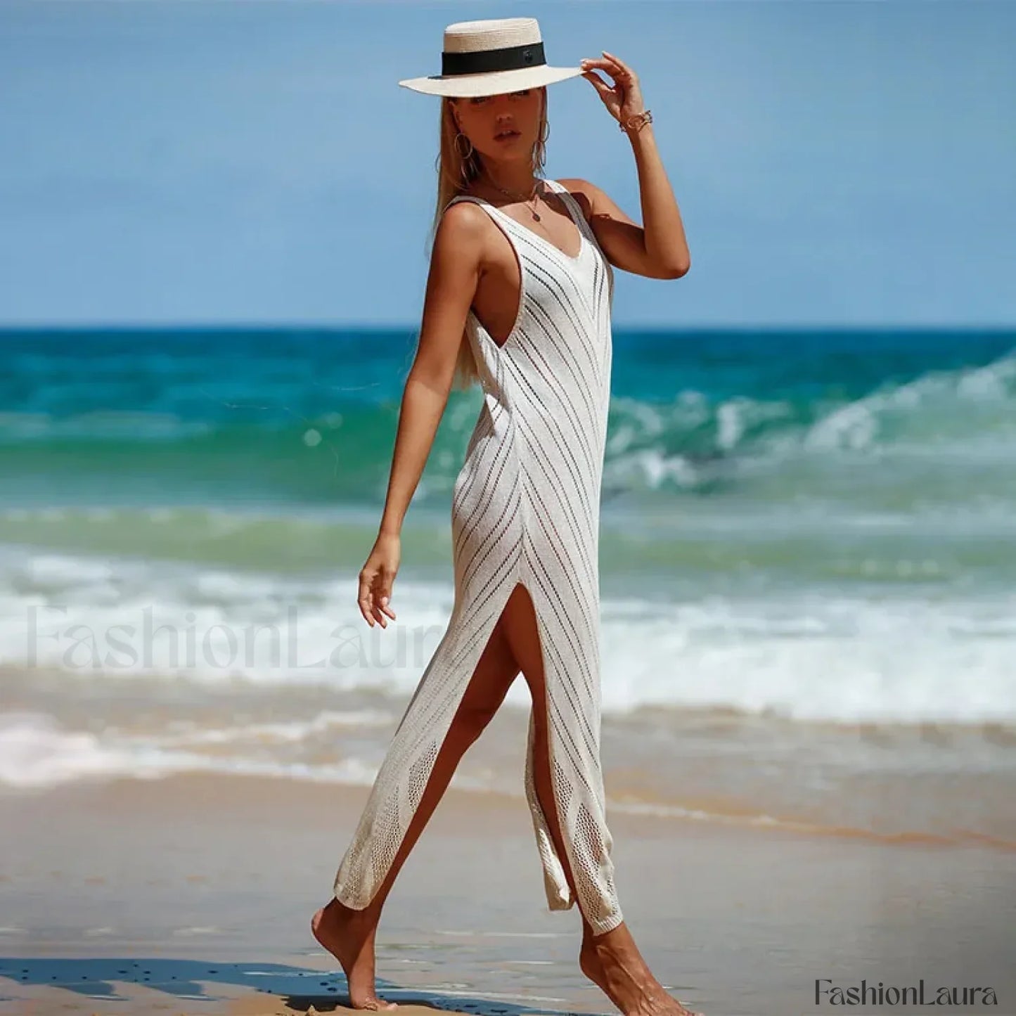 Hollowout Knitted Cover Up Beige / One Size