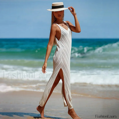 Hollowout Knitted Cover Up Beige / One Size