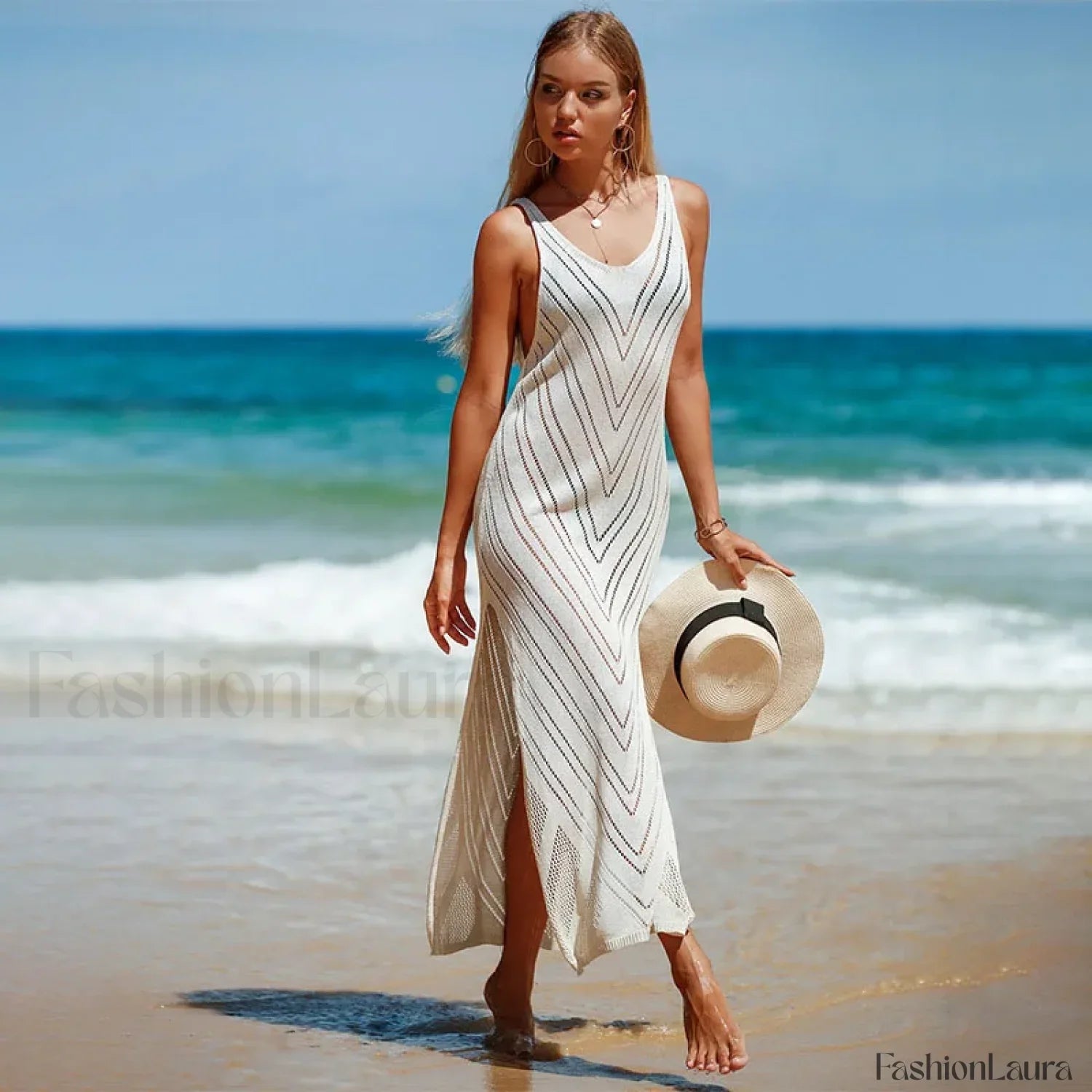 Hollowout Knitted Cover Up Beige / One Size