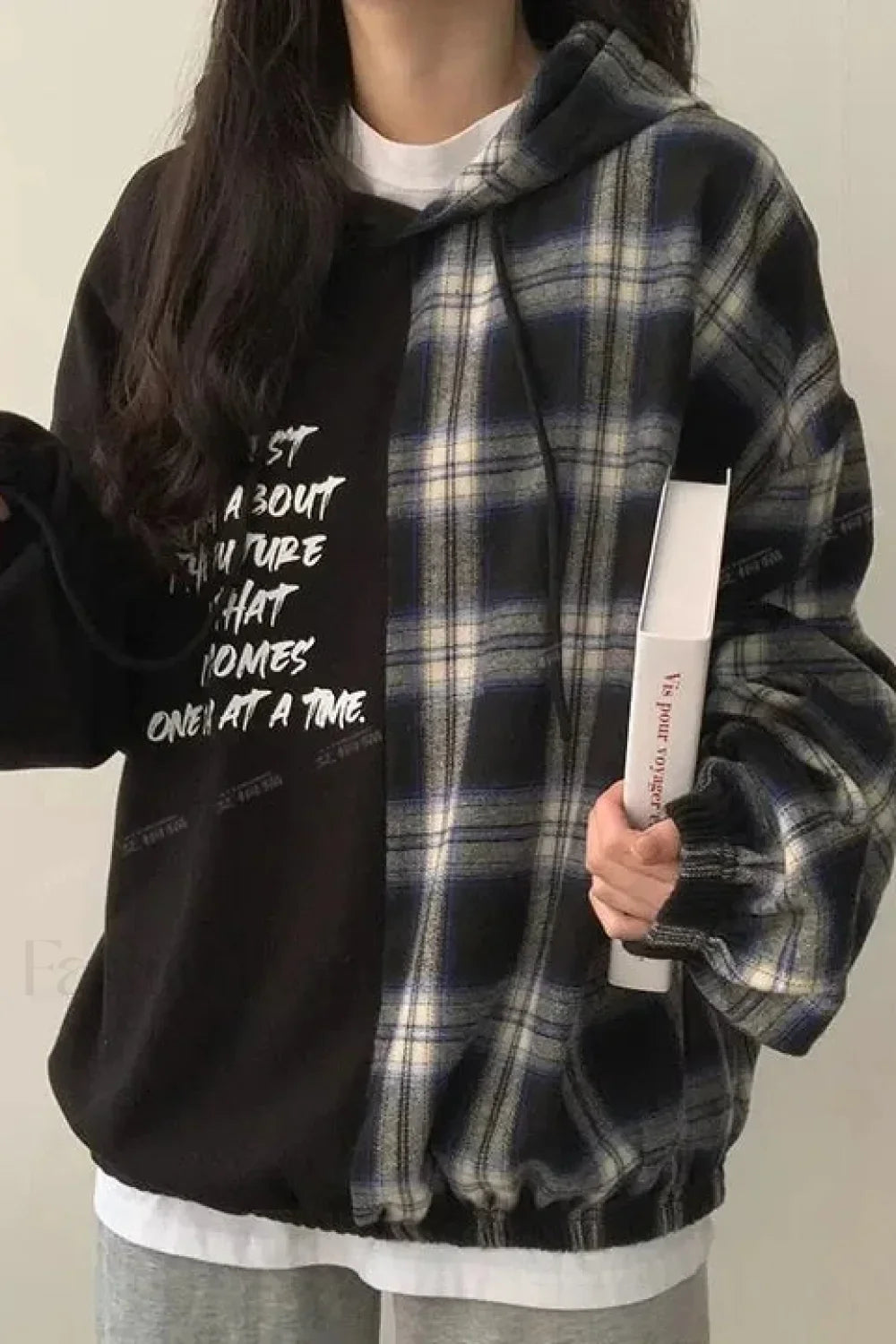 Hooded Patchwork Plush Plus Size Hoodie Black / S