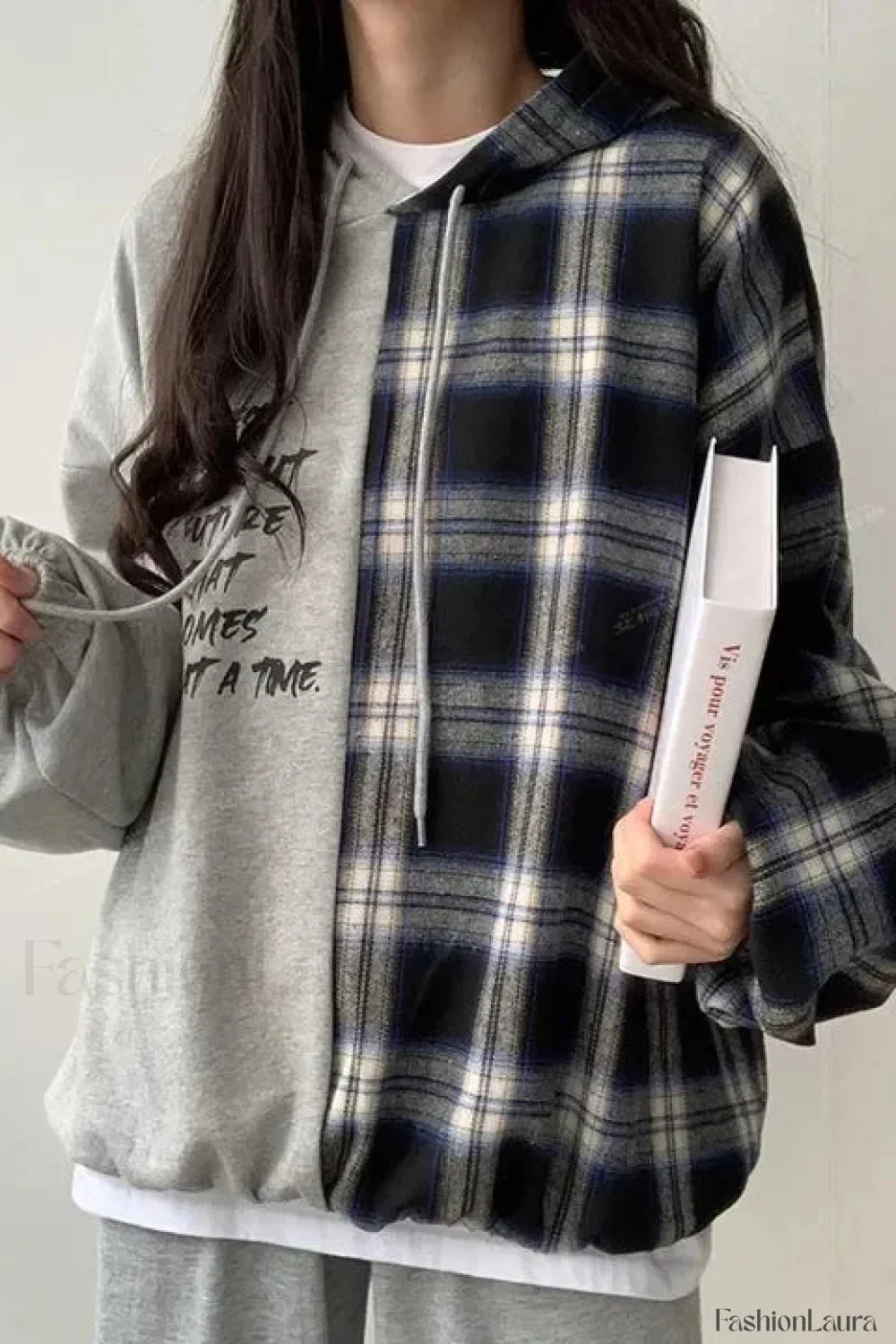 Hooded Patchwork Plush Plus Size Hoodie Grey / S