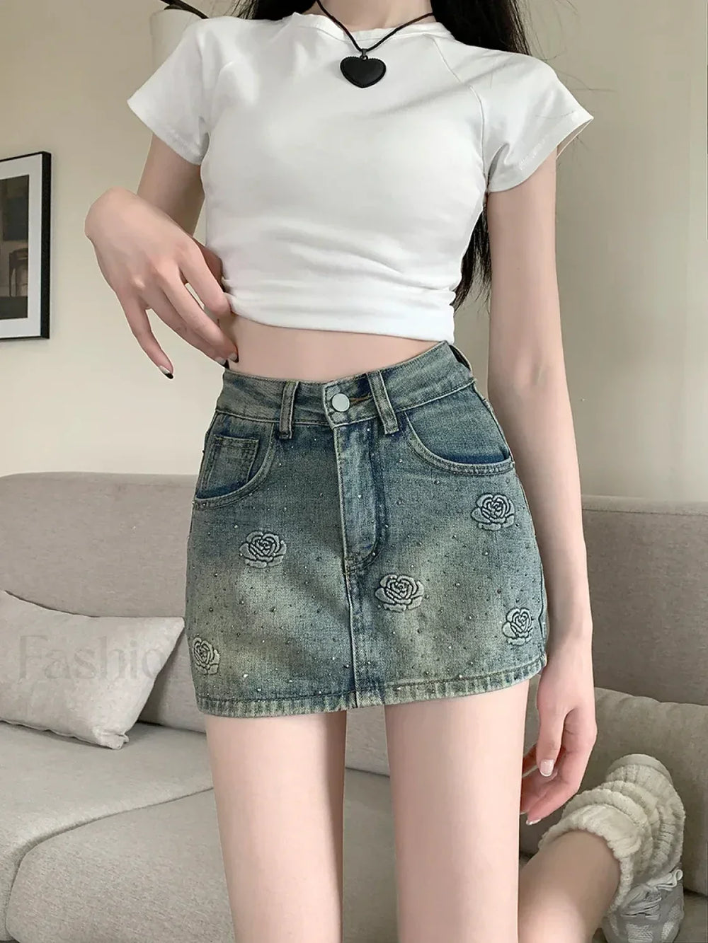 Hot Diamond Floral Vintage High Waist Short Skirt Dark Blue / S