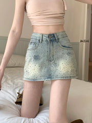 Hot Diamond Floral Vintage High Waist Short Skirt Light Blue / S