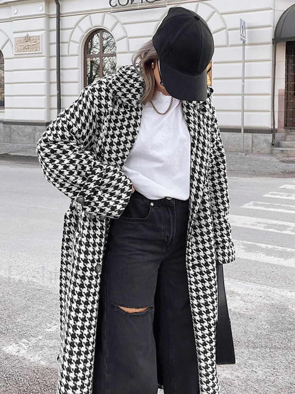 Houndstooth Tweed Graceful Trench Coat Wool Coats