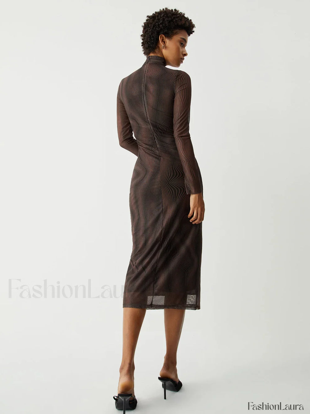 Illusion Tulle Print Mock Modern Neck Mesh Midi Dress Brown / XL Dresses