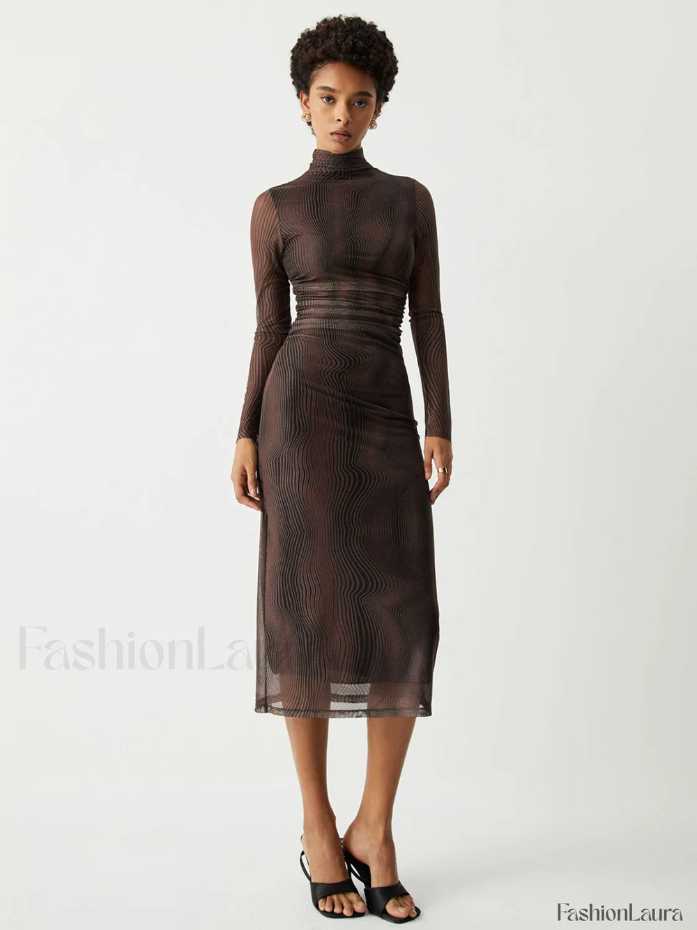 Illusion Tulle Print Mock Modern Neck Mesh Midi Dress Brown / XS Dresses