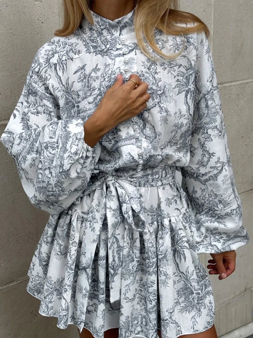 Ink Painting Print Tie Modern Up A Line Short Dress Dresses