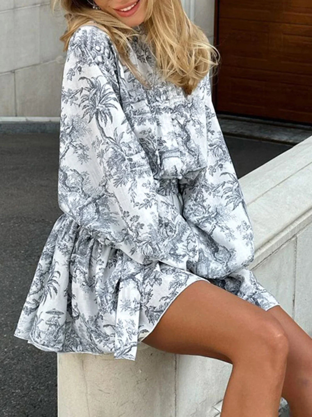 Ink Painting Print Tie Up A Line Short Dress Dresses