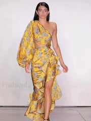 Irregular Ruffle Shoulder Floral Dress