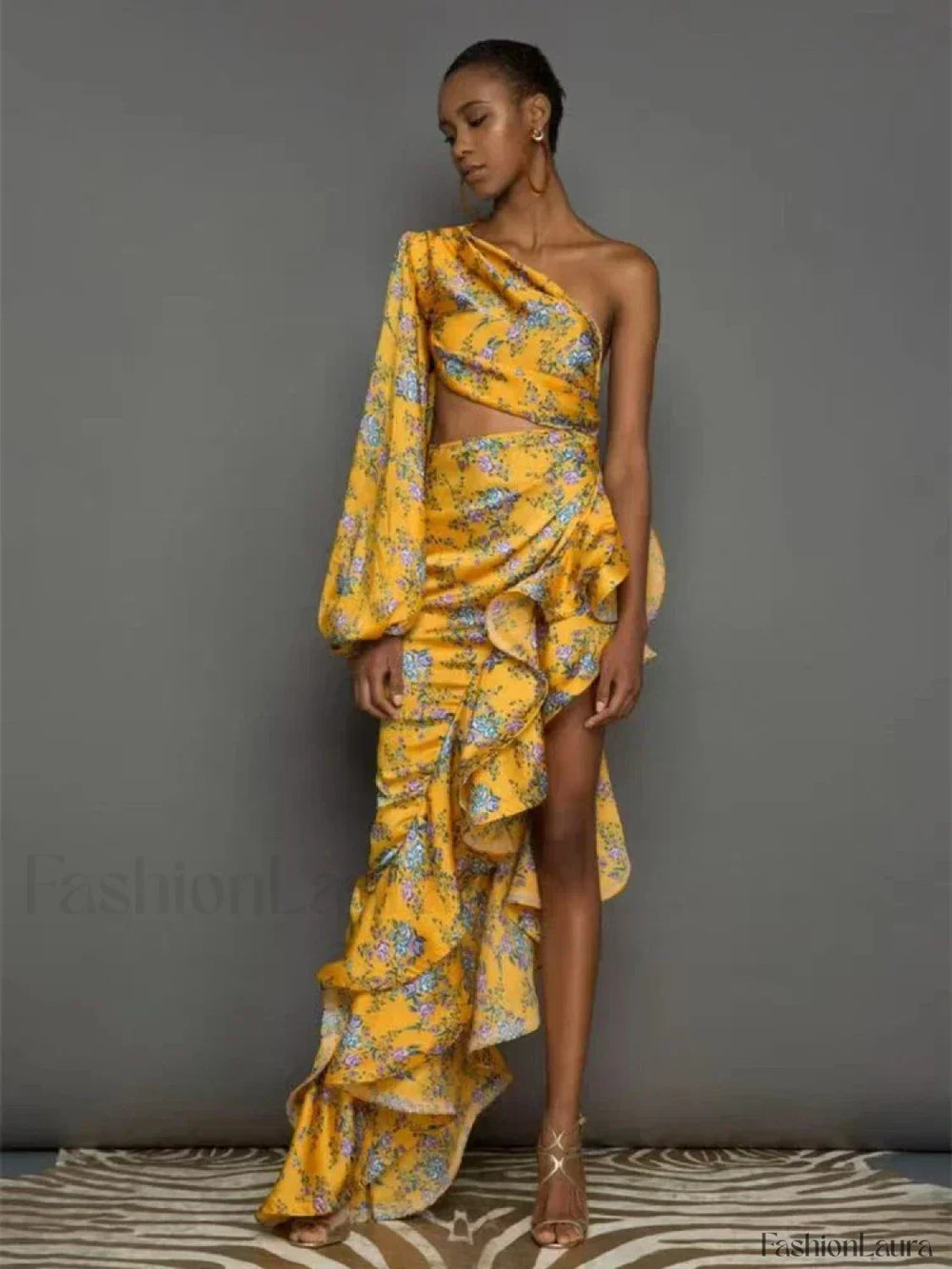 Irregular Ruffle Shoulder Floral Dress