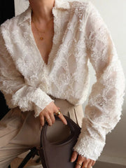 Jacquard Floral Graceful Collared Shirt Apricot / XS Shirts