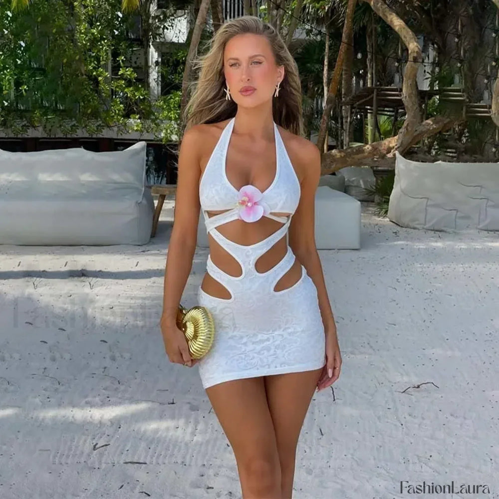 Jacquard Halter Hollow Mini Dress White / S