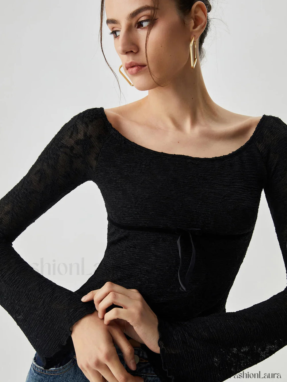 Jacquard Lace Semi sheer Trendy Bowknot Crossover Blouse Blouses