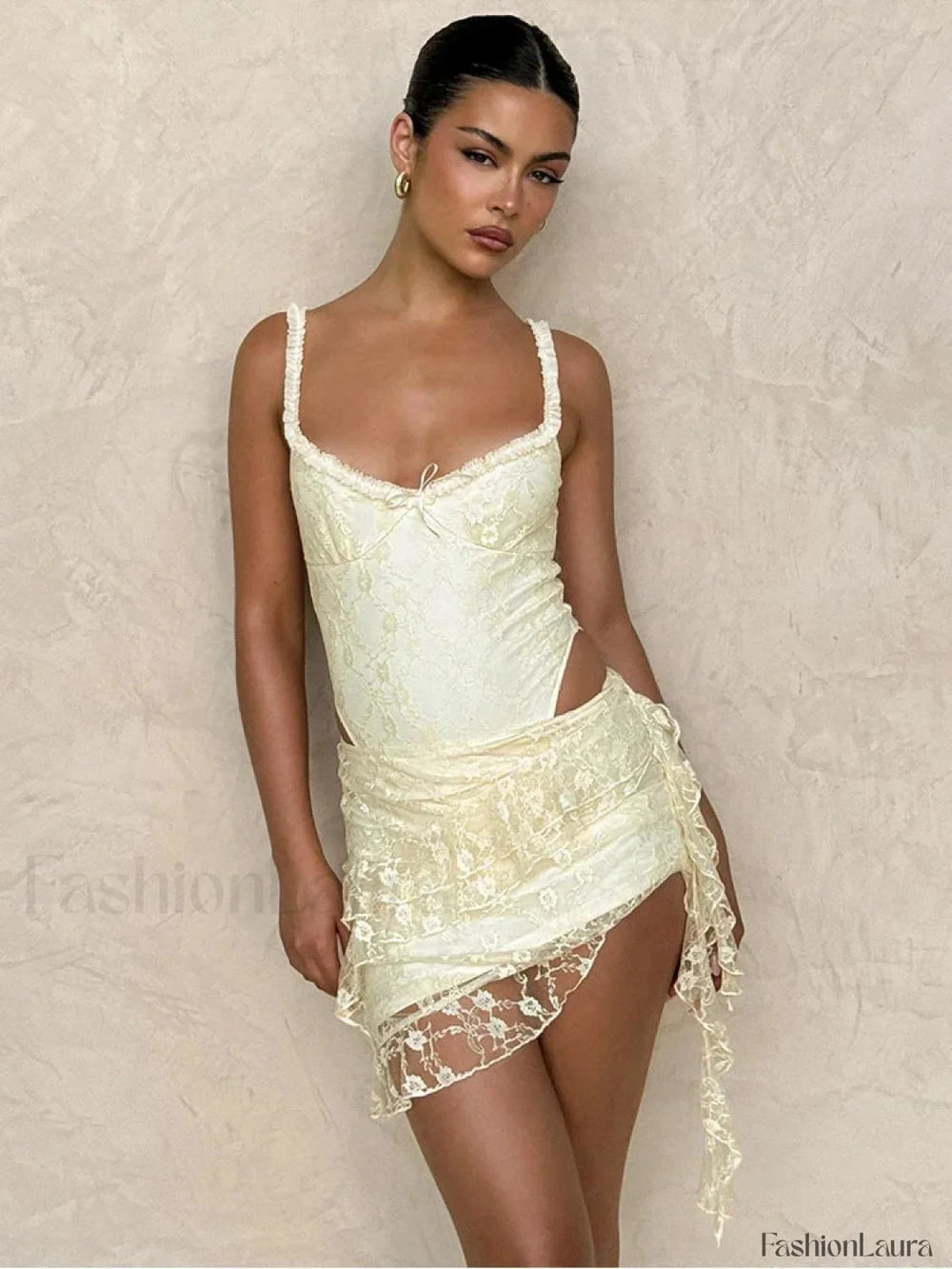 Jacquard Low Cut Mini Dress Khaki / S