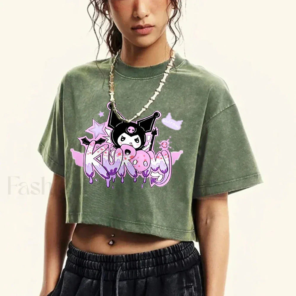 Japanese Kuromi Retro Cotton Casual T Shirt Dark Green / S