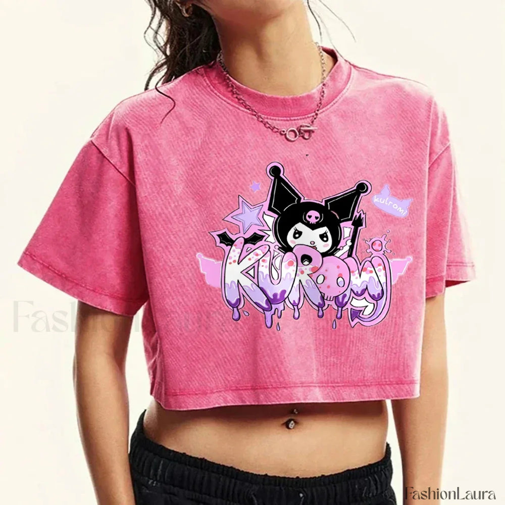 Japanese Kuromi Retro Cotton Casual T Shirt Rose Red / S