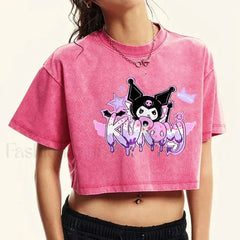 Japanese Kuromi Retro Cotton Casual T Shirt Rose Red / S